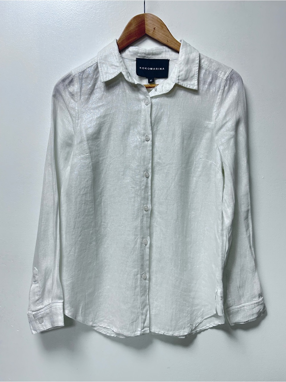 Kokomarina White Glitter 100% Linen Long Sleeve Button-Down Shirt XS Roomy Fit